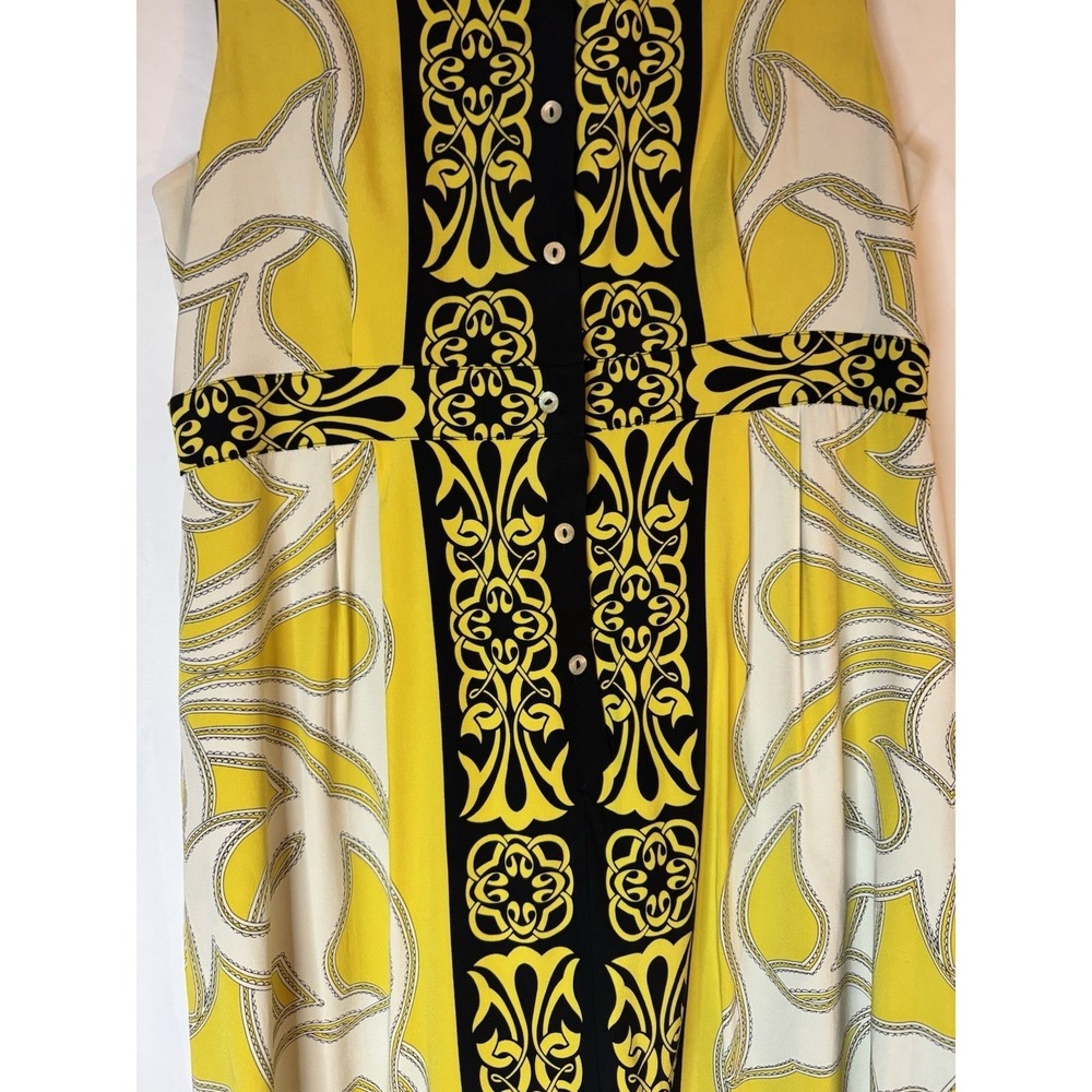 Nicole Miller Collection Yellow Silk Blend Geometric Print Button Front Dress L